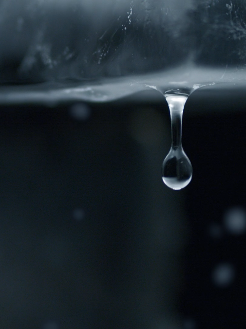 Dripping water drop falling from the icecube