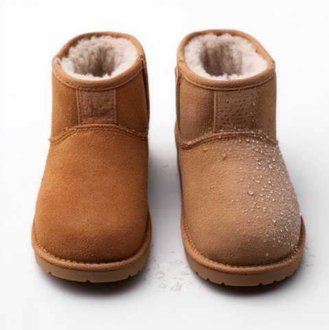 One clean IMBOXed UGG boot next to a dirty UGG boot