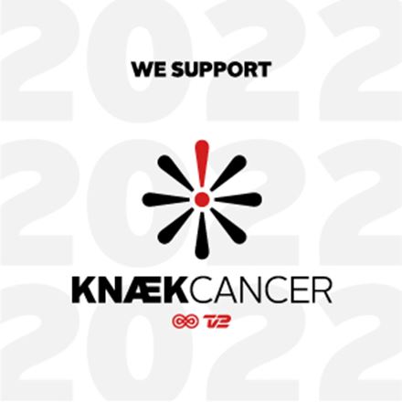 Cancer flower in black and red with black text and red Cancer and TV2 logo on top