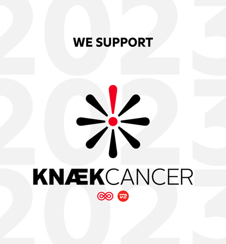 Knæk Cancer 2023 Donor banner with cancer flower in black and red