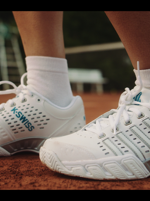 Close-up of white K-Swiss tennis shoes