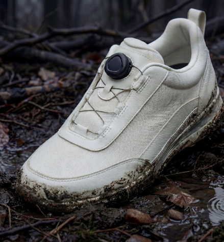 IMBOXed and protected white golf shoe in mud and rain