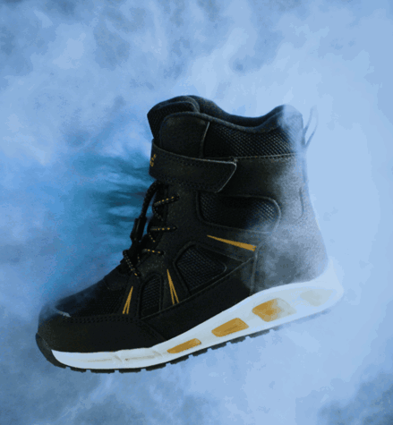 IMBOXed Children winterboot in blue, green and yellow, repelling ice
