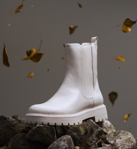 White winter boot sourounded by brown leafes