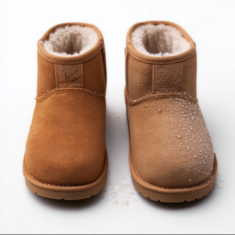 One clean IMBOXed UGG boot next to a dirty UGG boot